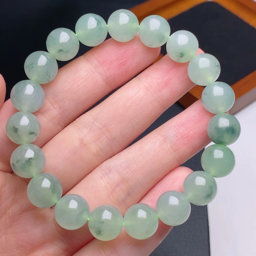 缅甸天然a货翡翠冰种果绿飘花圆珠手链卡10mm绿色冰透精美