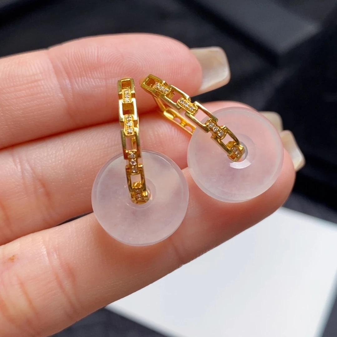 翡翠18K金镶嵌耳饰高冰路路通➕链条款耳扣