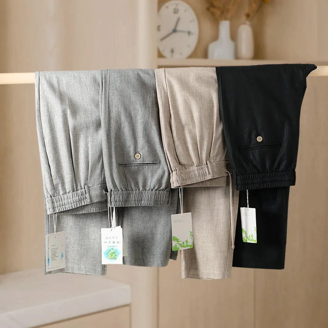 原麻老钱风亚麻凉爽透气坚韧弹力 夏季松弛感直筒亚麻休闲裤潮