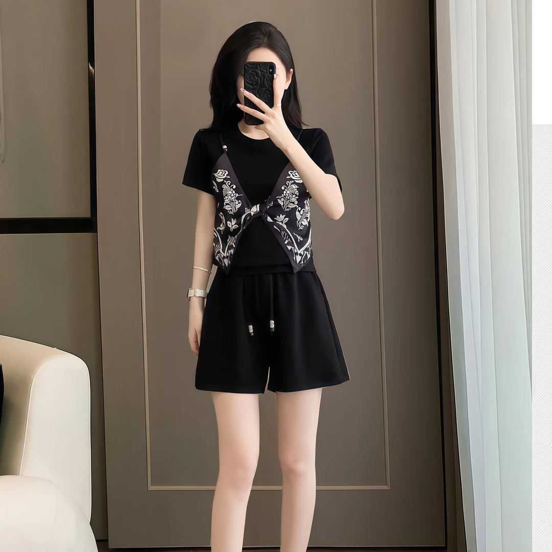 休闲穿搭一整套时尚套装女2025夏季新款假两件短袖短裤显瘦两件套