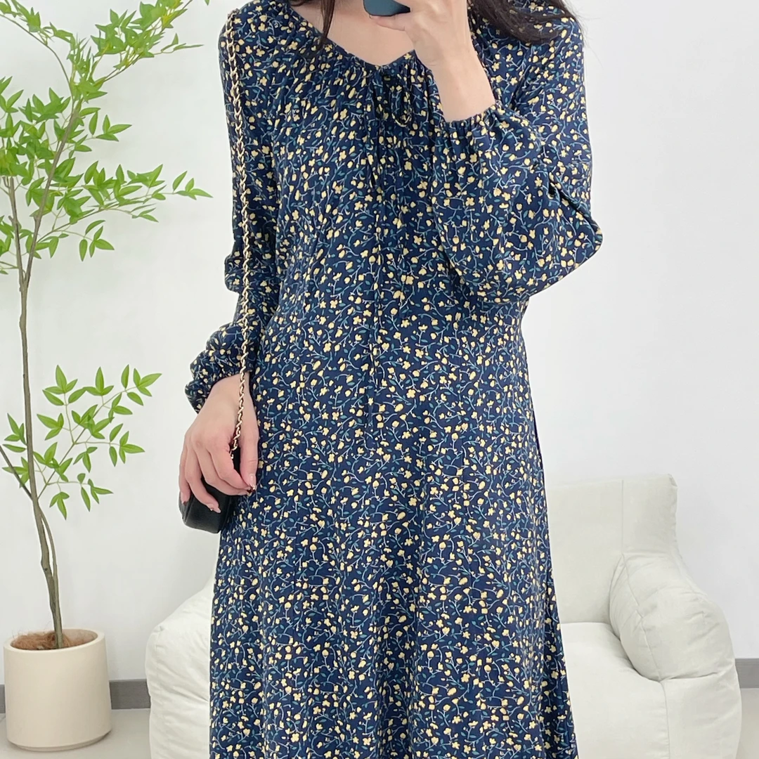 9901#气质长袖长裙系带女装法式连衣裙抹胸型碎花显瘦优雅裙