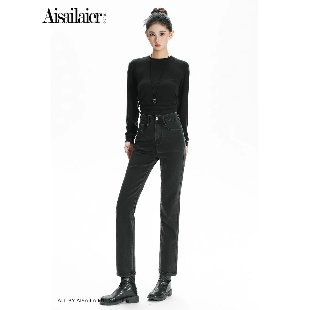 气质优雅丨高腰窄版加绒直筒牛仔裤女秋季梨型身材小个子烟管裤