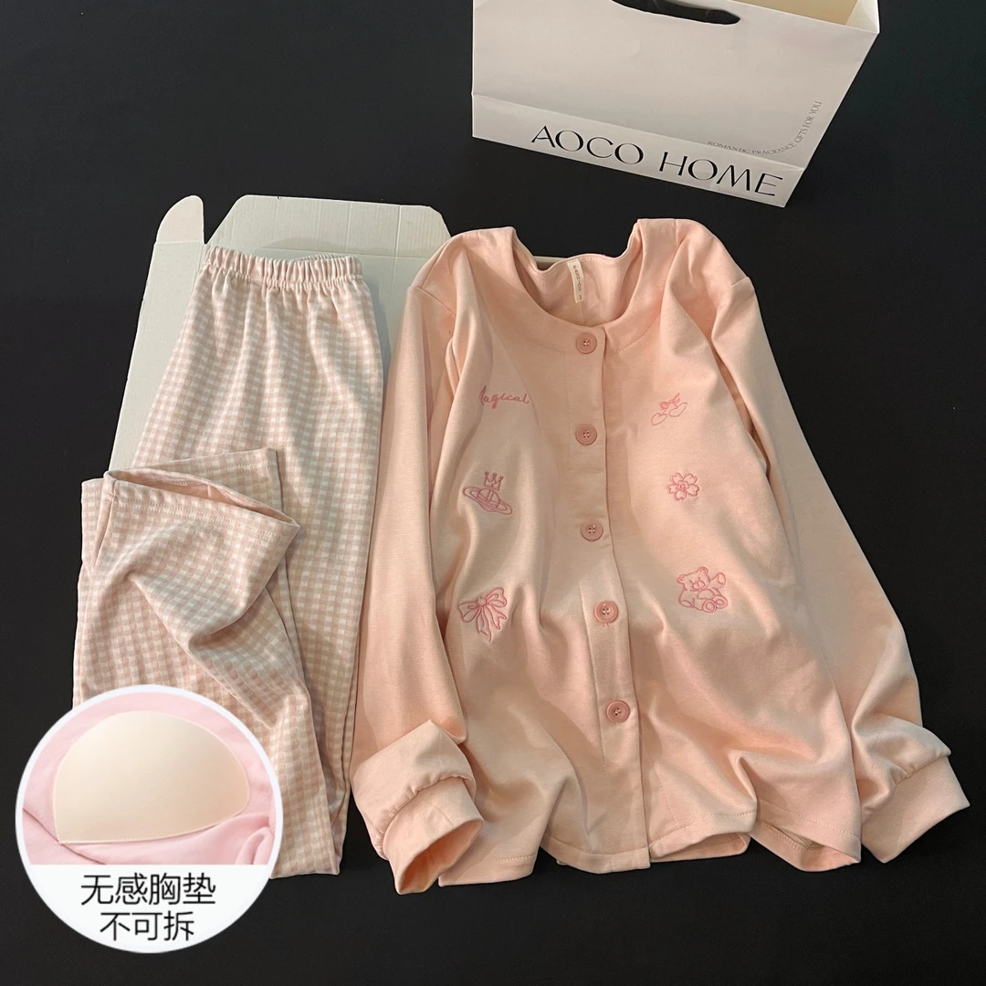 睡衣女秋冬季带胸垫2025粉色可外穿保暖时尚长袖大码春家居服套装