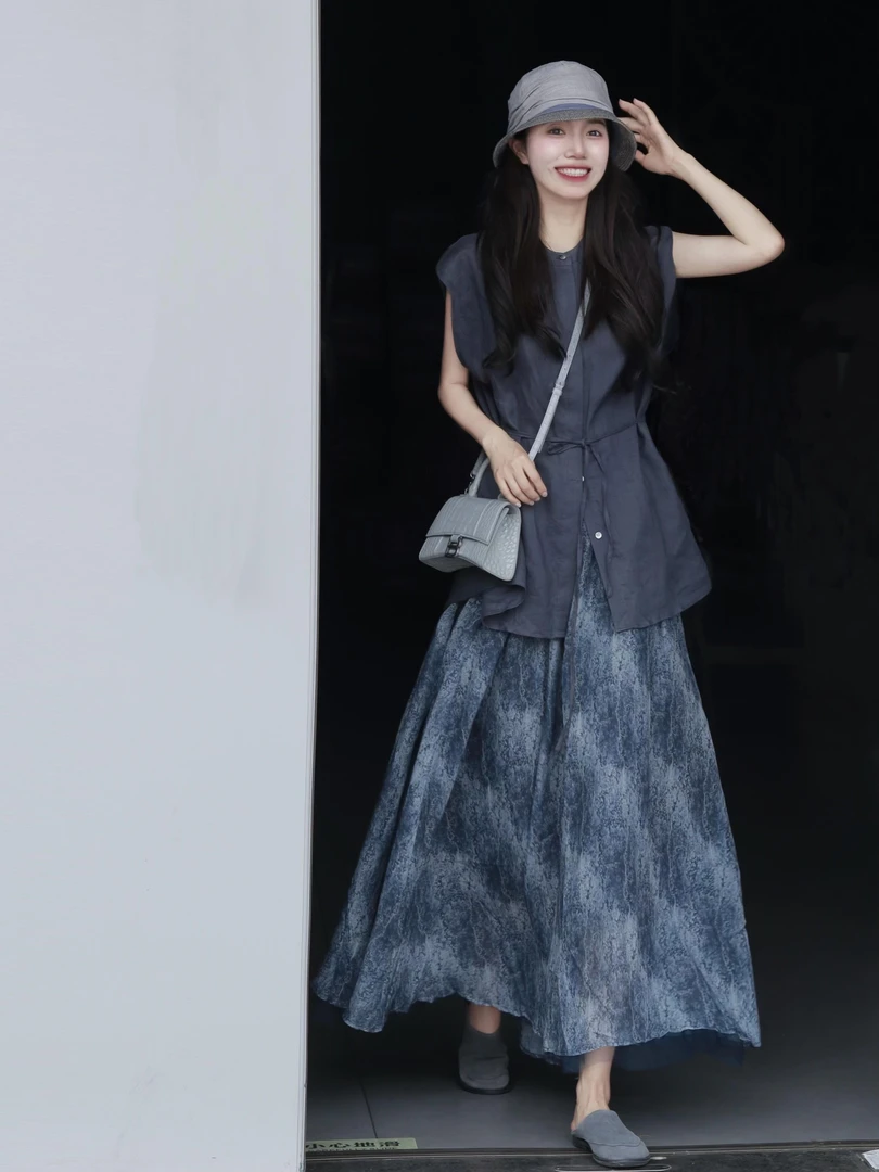 韩系系带收腰无袖坎肩上衣女2025夏季半身裙纯色宽松两件套衬衫