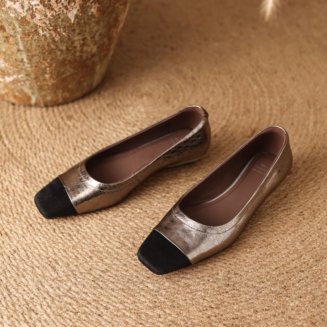 2CM/头层牛皮/春夏拼色真皮通勤百搭方头软底低跟鞋女鞋