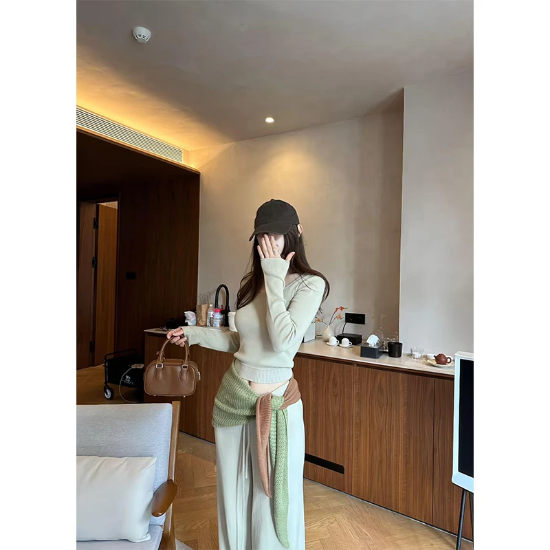 2025早秋独特超好看时髦时尚洋气小香风休闲纯色针织t恤阔腿裤女