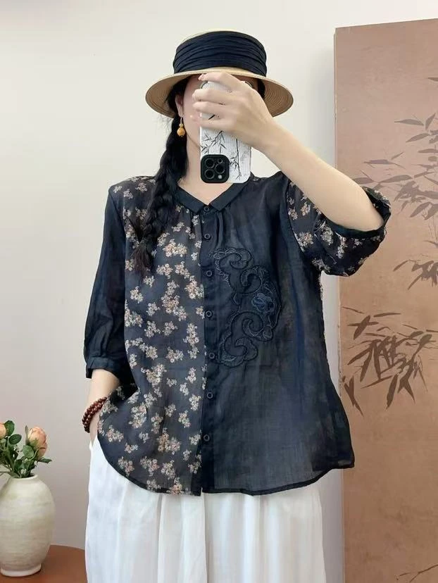 素雅原创 夏季新款时尚百搭文艺复古中式国风显瘦拼色刺绣衬衫