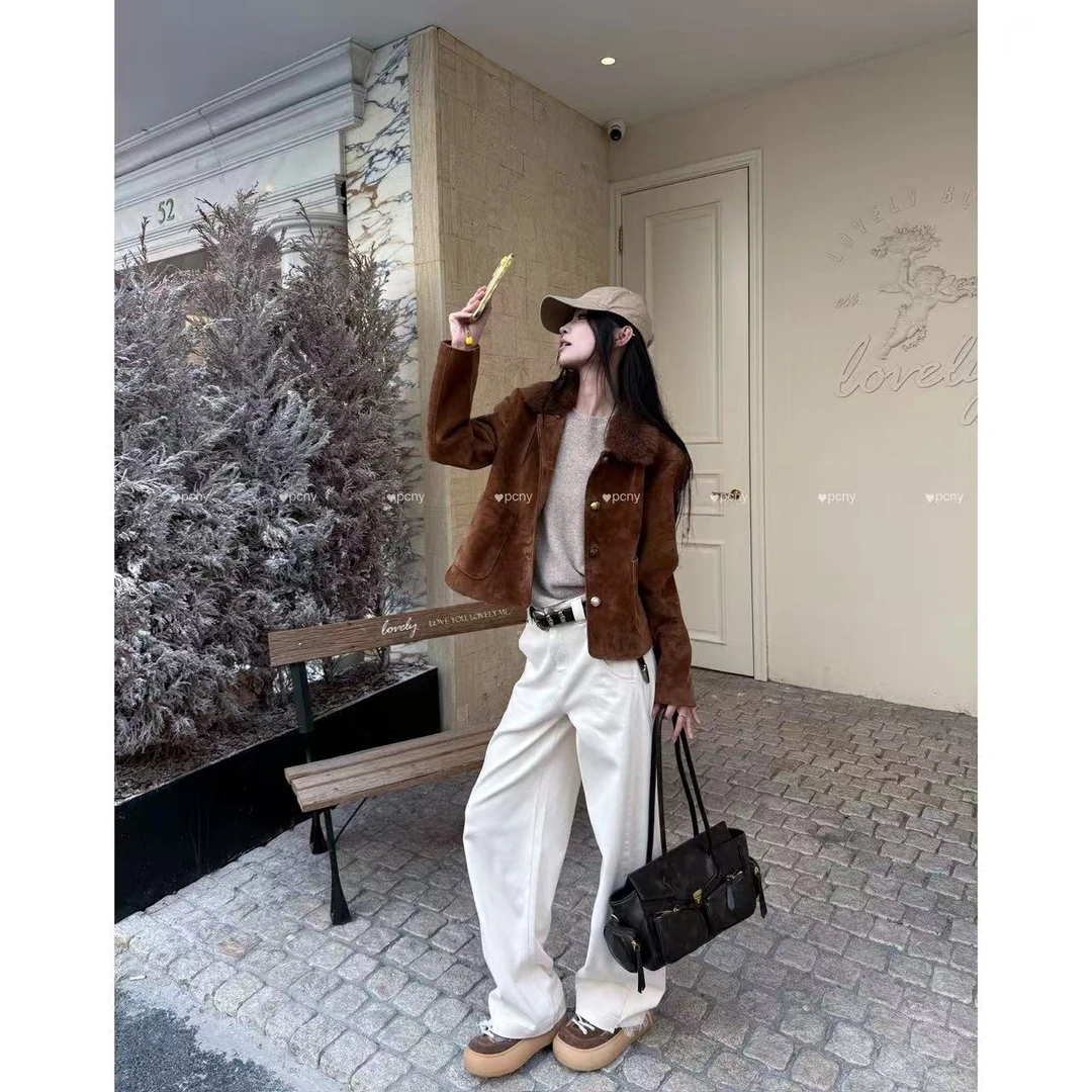 PCNY「毛絮白牛」不理理冬季新款小众女装时尚休闲宽松洋气百搭牛仔