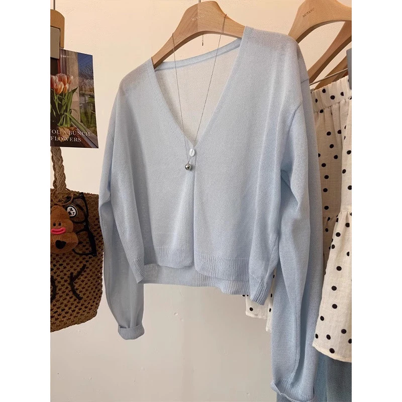 早秋新款V领长袖针织开衫薄款短款纯色显瘦遮阳洋气外搭罩衫上衣