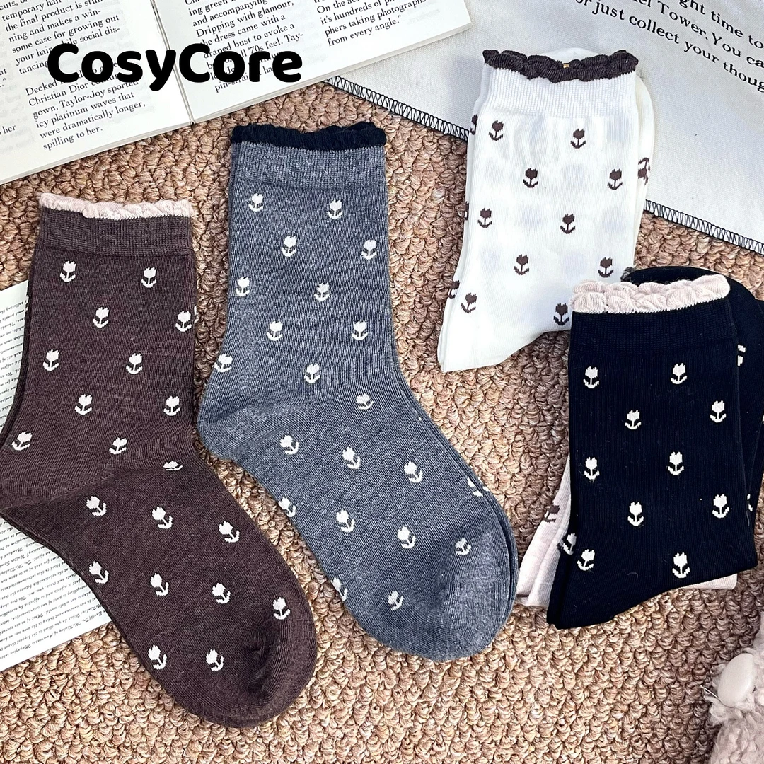 郁金香秋冬堆堆袜子女中筒袜纯棉花边潮女士无骨美拉德长筒袜长袜