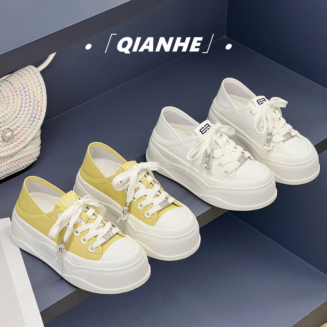 「Qan'h千合女鞋」•圆头系带板鞋厚底休闲韩版真皮运动女鞋（A20）