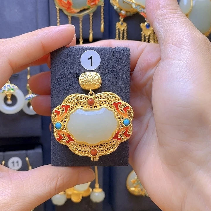 颈饰银S925镀金镶嵌和田玉