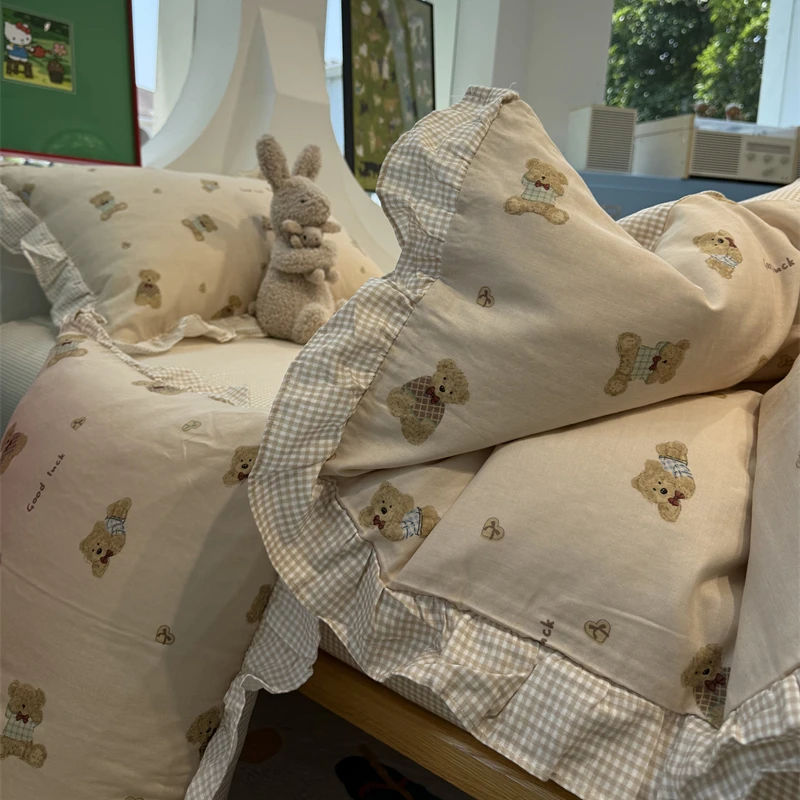 易安阁少女心格子花边小熊双层纱床上四件套1.5m1.8床单三件套