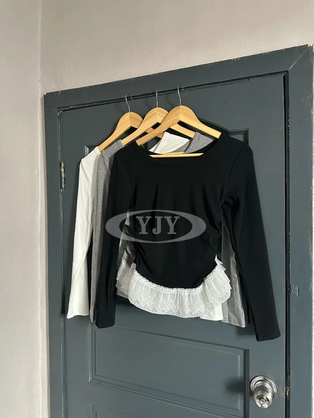 法式甜美蕾丝花边圆领修身打底衫内搭上衣