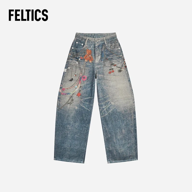 FELTICS3D数码印花做旧水洗牛仔裤