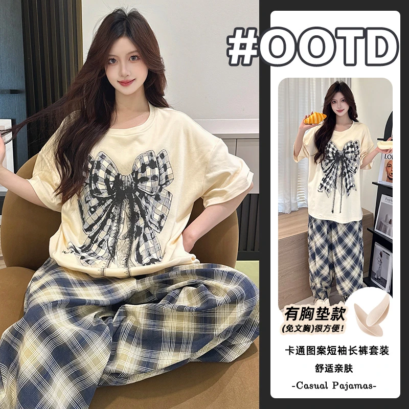 纯棉睡衣女士宽松版夏季新款宽松休闲简约短袖长裤睡衣家居服套装