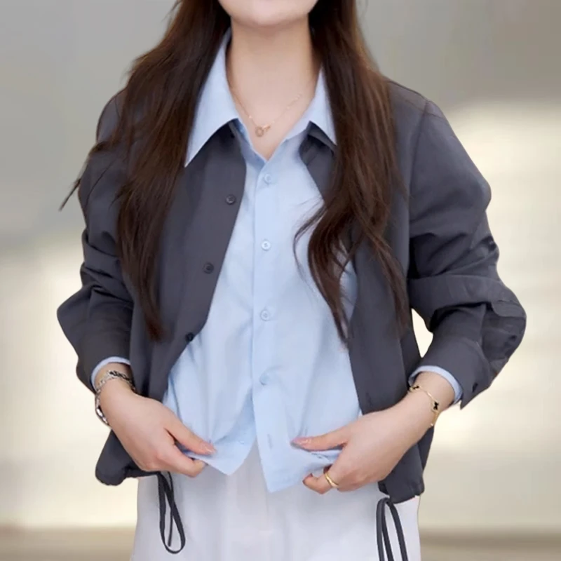 韩系慵懒轻薄防晒开衫衬衫早秋新款减龄时尚拼色假两件单排扣上衣