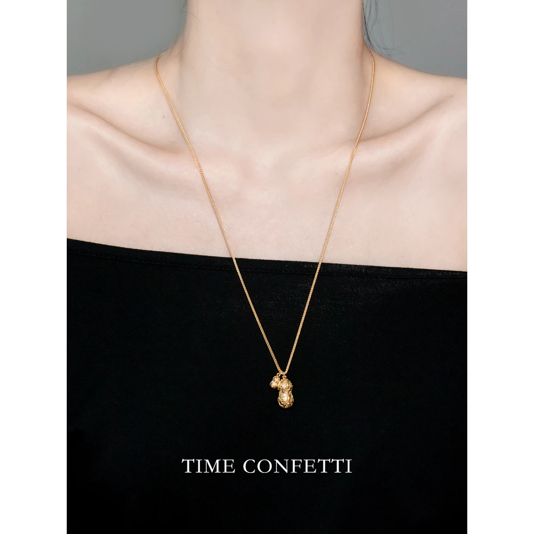 黄铜项链 镀K金【孙二娘】好事加倍花生气质双坠毛衣链项链TC 11585