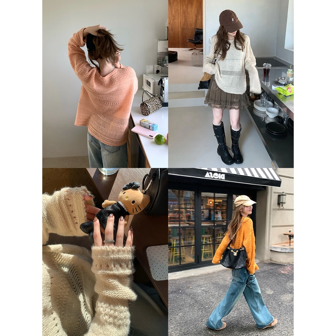 马海毛镂空提花圆领宽松慵懒针织罩衫