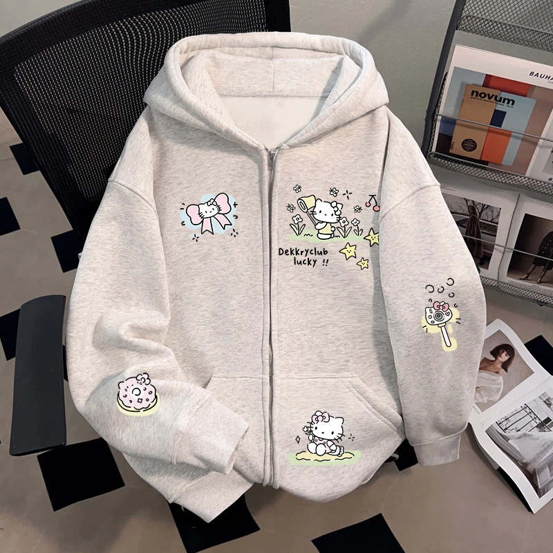 Dekkry趣味可爱凯蒂猫印花秋冬连帽开衫卫衣男女款百搭情侣装外套