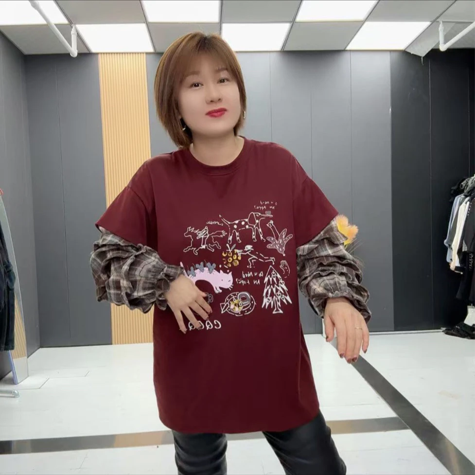 秋冬胖妹妹大码女装红色拼接格子长袖宽松遮肉显瘦百搭上衣-1811