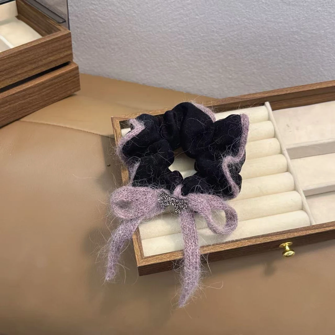 新款黑色丝绒紫色毛绒蝴蝶结发圈5191