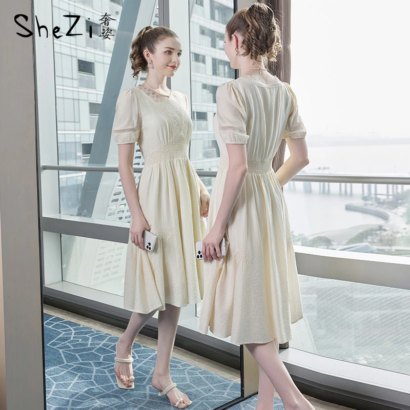 奢姿2024年夏季新款大码女装花边方领裙子胖妹妹减龄镂空连衣裙