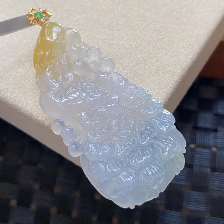 天然翡翠Ａ货18K金镶嵌玻璃冰飘黄翡凤凰吊坠 56*24.5*6.5