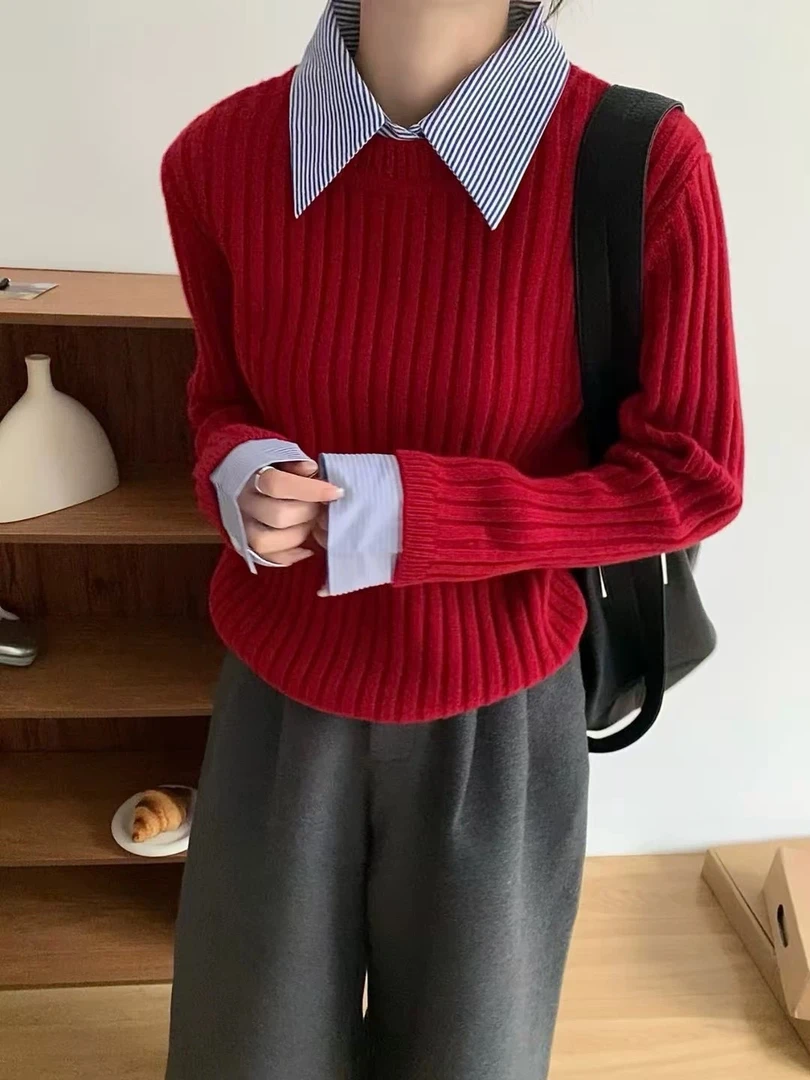 26106#欧货新款拼接衬衫领针织衫毛衣秋冬季打底衫假两件羊毛衫女