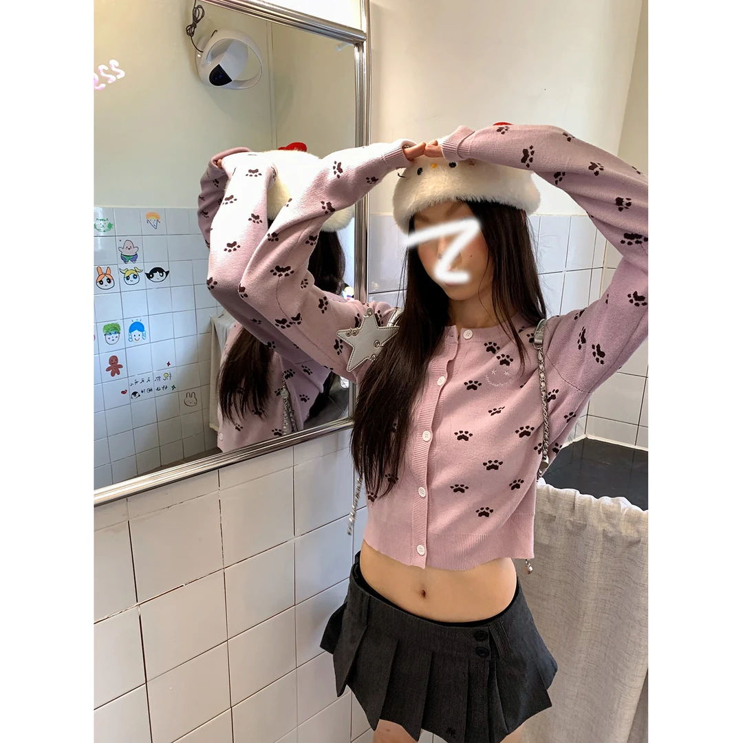 美式复古狗爪提花针织开衫外套女秋冬宽松休闲韩版百搭短款毛衣女