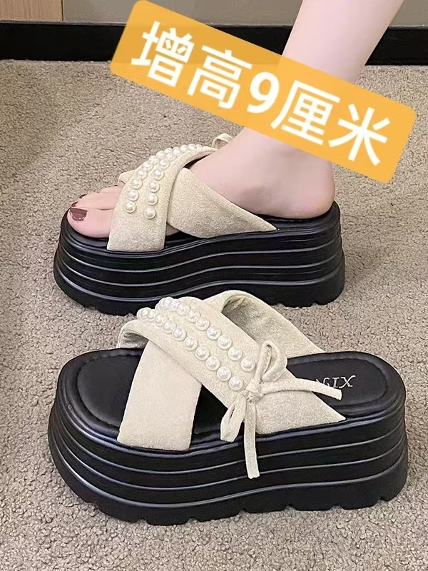 增高8厘米厚底凉鞋露趾串珠夏季休闲百搭沙滩鞋人字拖凉鞋凉拖鞋