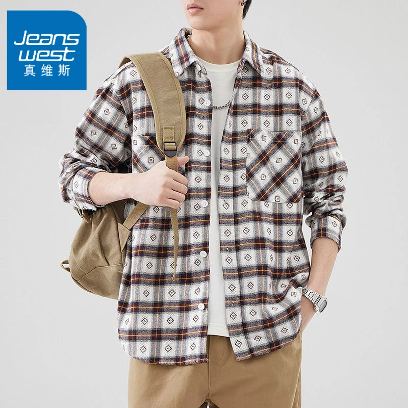真维斯日系复古男士宽松衬衫春夏款格纹休闲美式痞帅工装衬衣外套