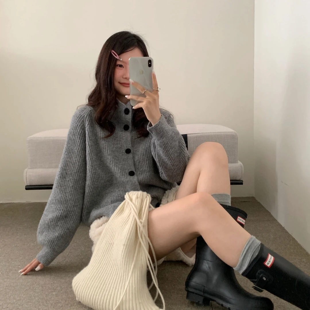 设计感慵懒风可翻领软糯针织开衫毛衣女2025秋冬复古高领长袖上衣