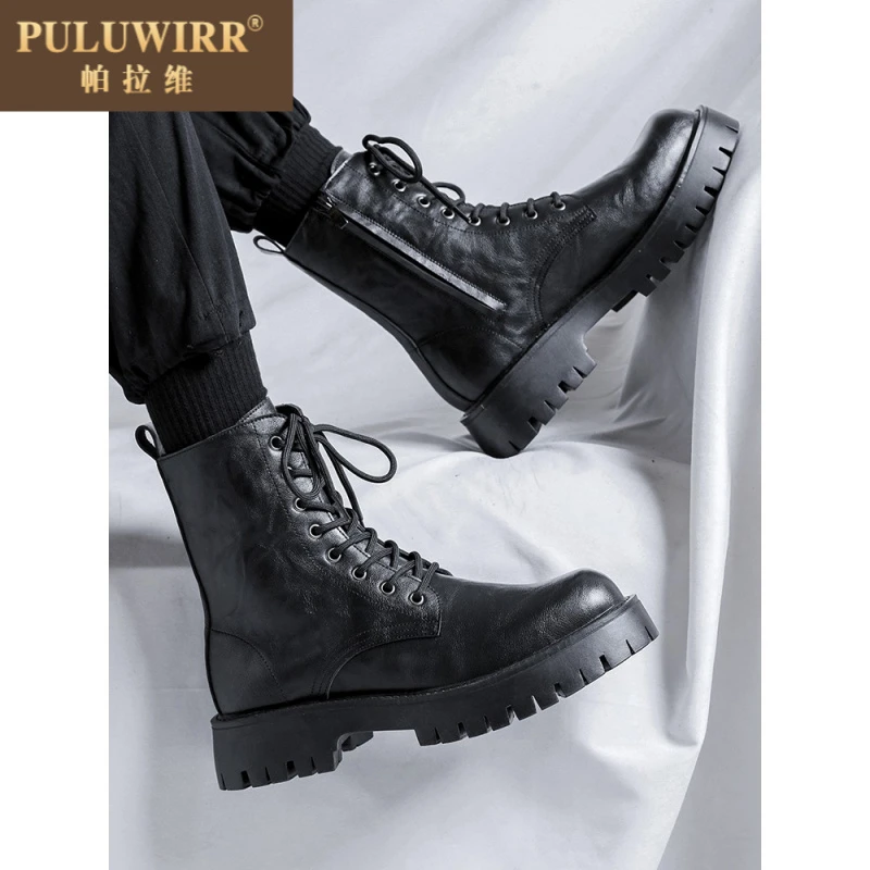 靴子男士英伦风格皮高帮摩托车皮靴男士厚底增工作服男中筒百搭