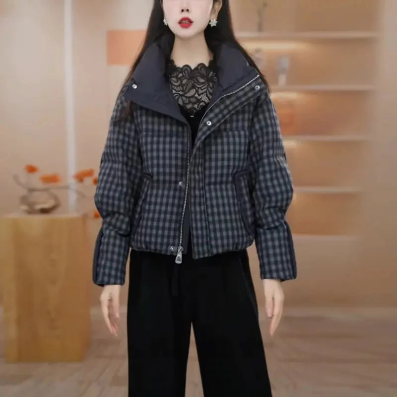 时尚格纹棉服女2025年冬季新款宽松显瘦短款拉链百搭保暖棉服