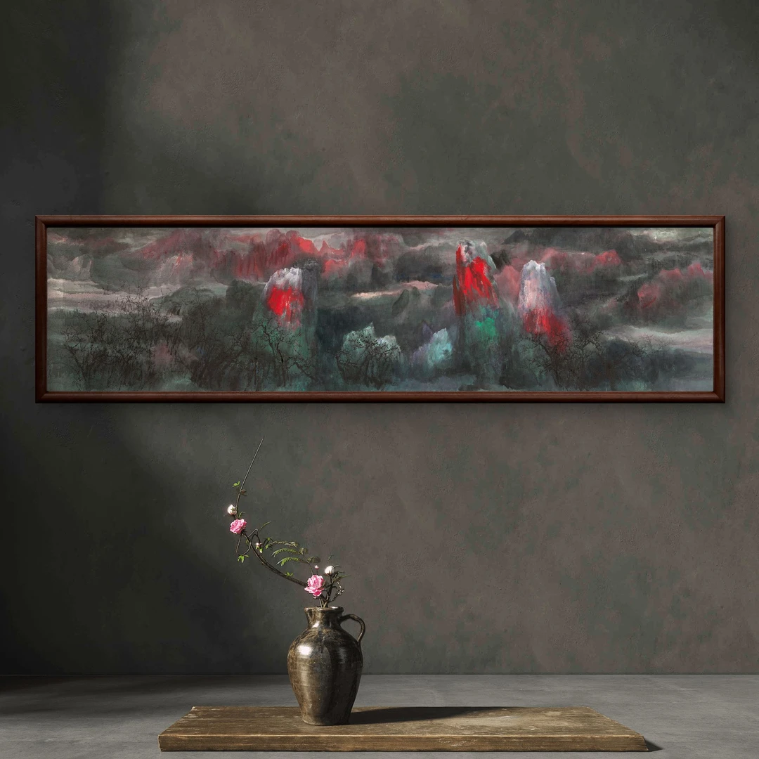 9080-40*150山水横幅中式装饰画实木玄关书房茶室客厅挂画