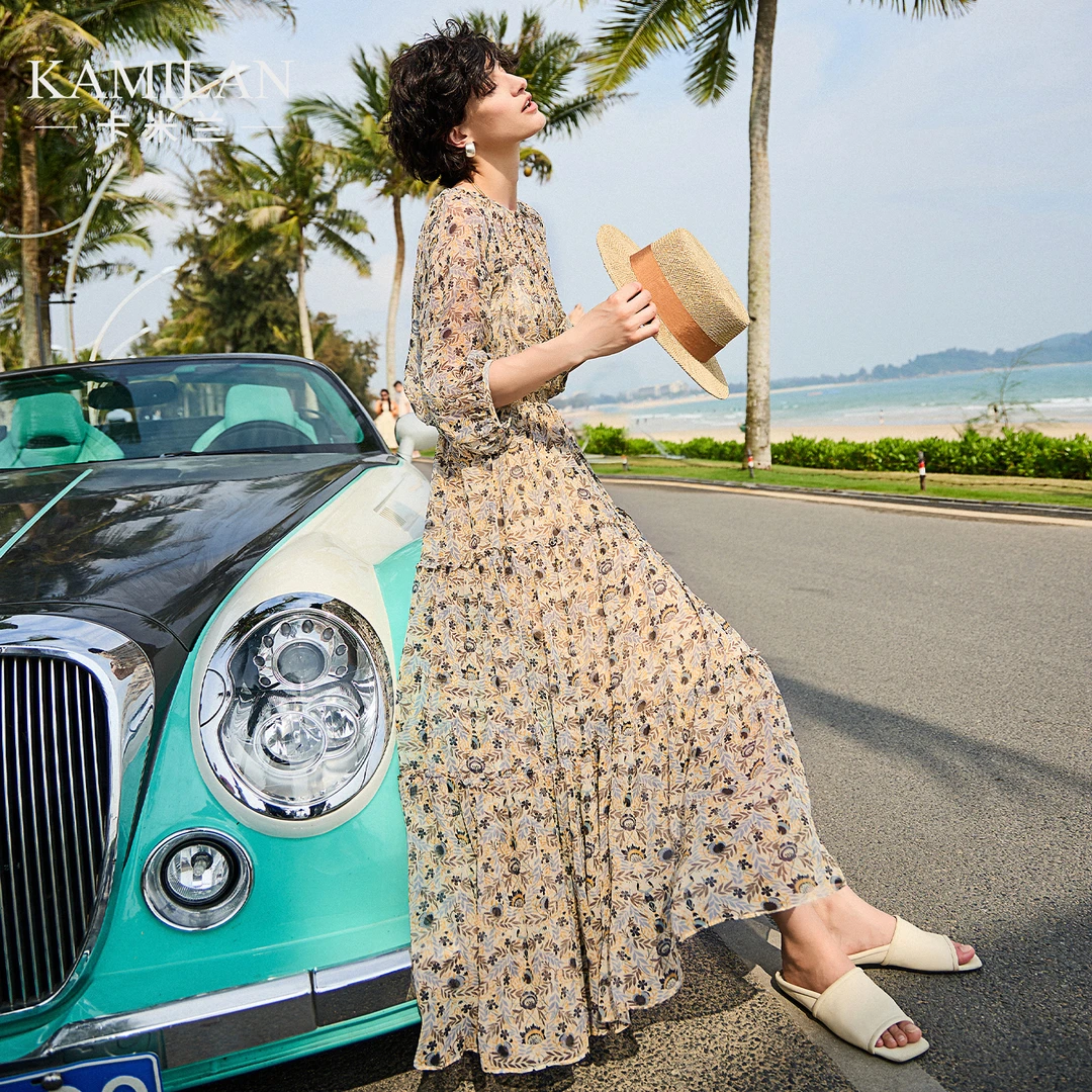 [100桑蚕丝]卡米兰复古印花真丝衬衫女2024夏新款七分袖衬衣上衣