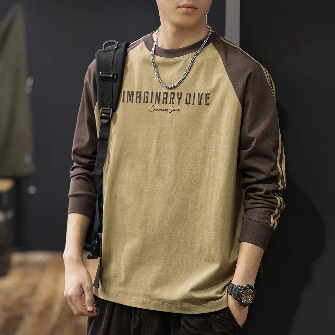 2025重磅纯棉百搭长袖条纹美式印花男士长袖T恤春秋t恤打底衫上衣