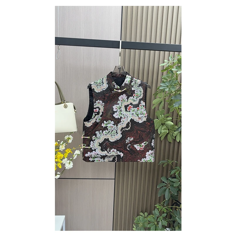 【‌暗咖繁花】新中式复古春秋提花马夹无袖花色女装碎花民族风马甲