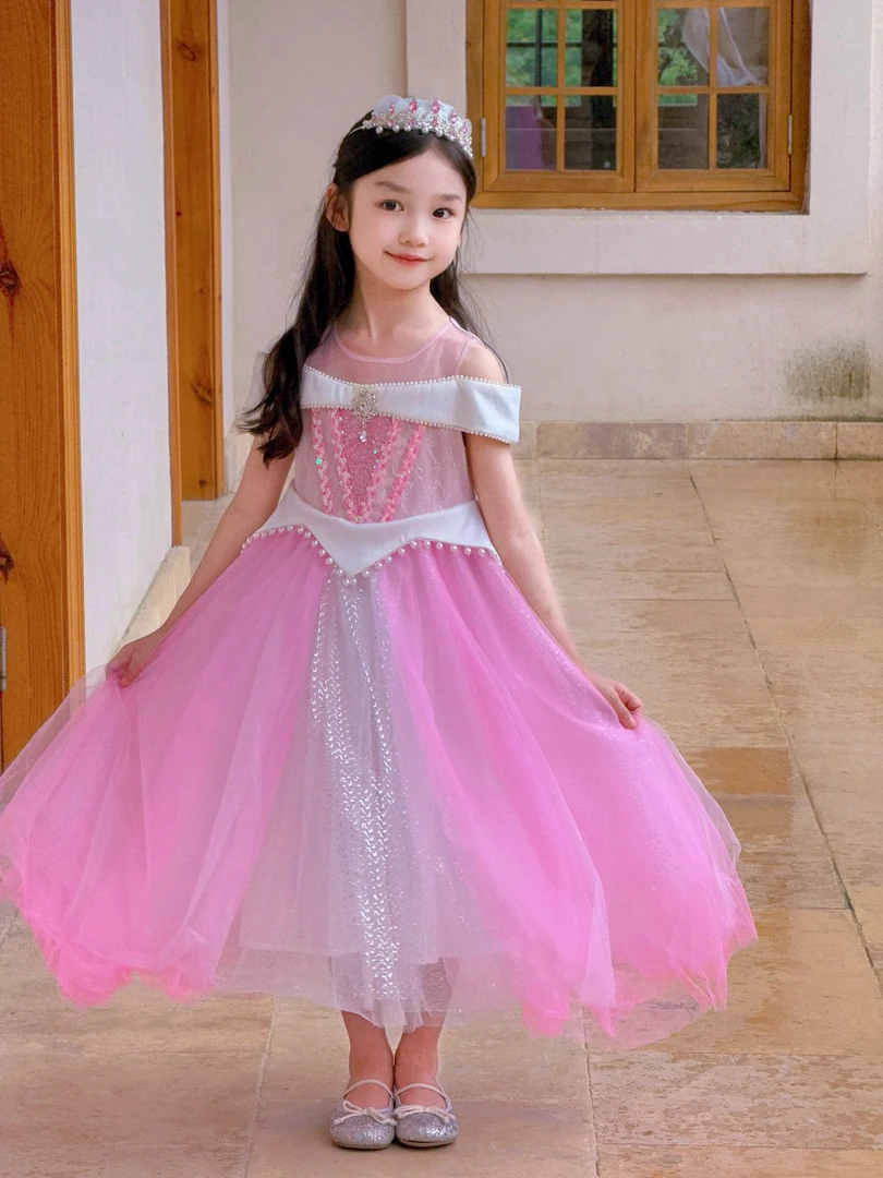 YA'S|【沉睡的美人】女童迪士尼睡美人公主裙粉色一字肩生日礼服