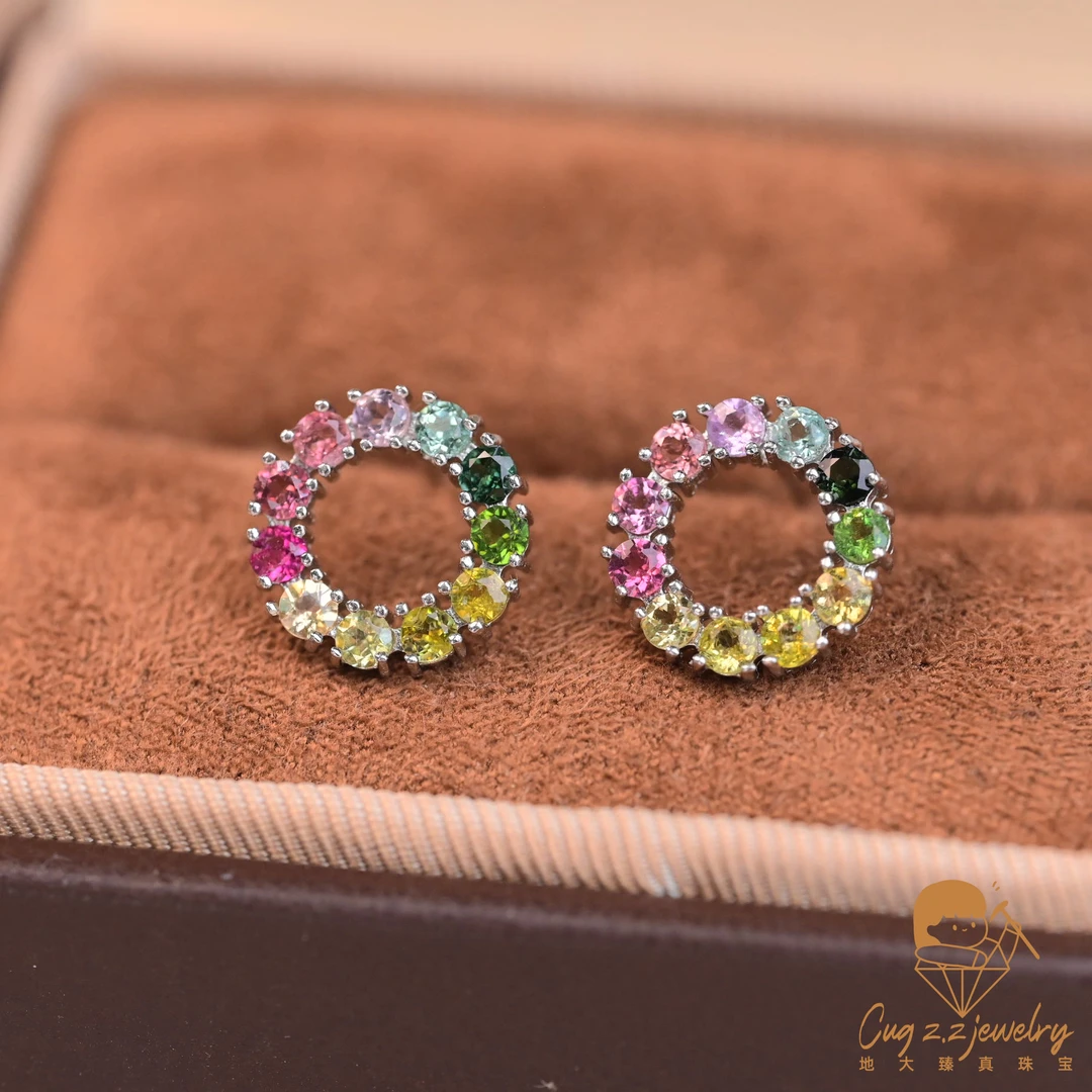 天然碧玺宝石耳钉原矿宝石彩色碧玺甜甜圈多巴胺925银