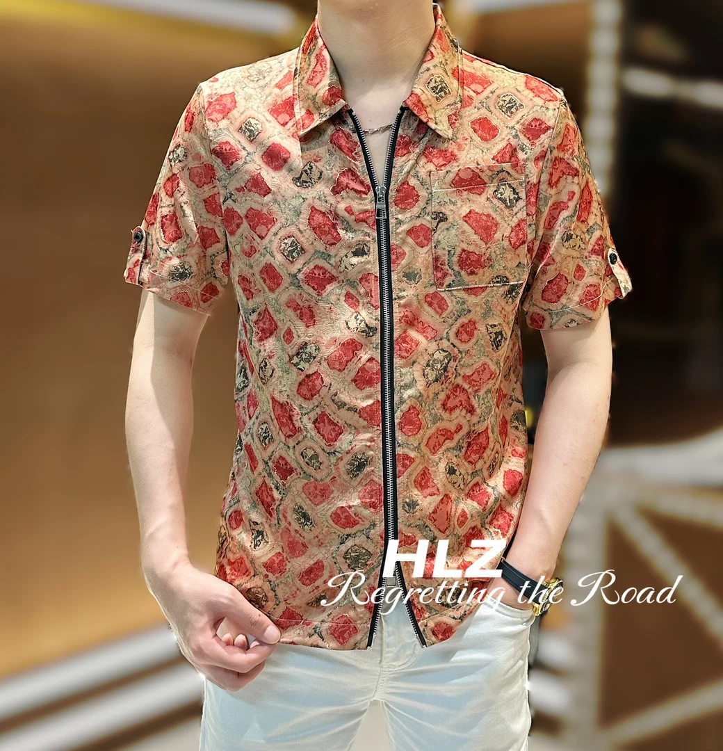 2025夏季新款修身男士休闲时尚贡缎立体烫金工艺双拉链短袖衬衫