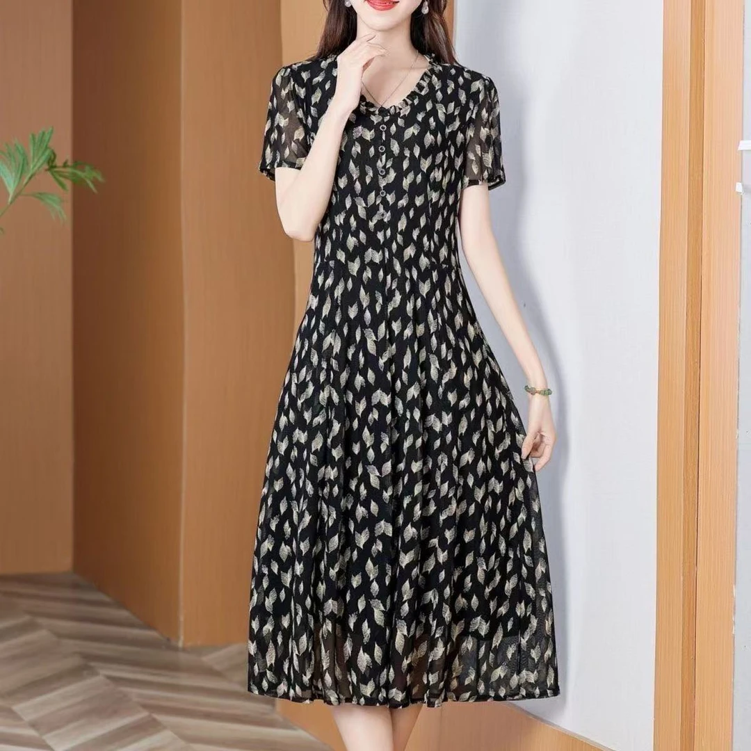 台湾纱短袖连衣裙2025夏新款中老年女妈妈婆婆装阔太太洋气50多岁