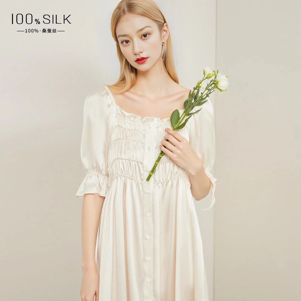 新款重磅百分百桑蚕丝女士法式宫廷风复古中长款桑蚕丝睡裙D-6131