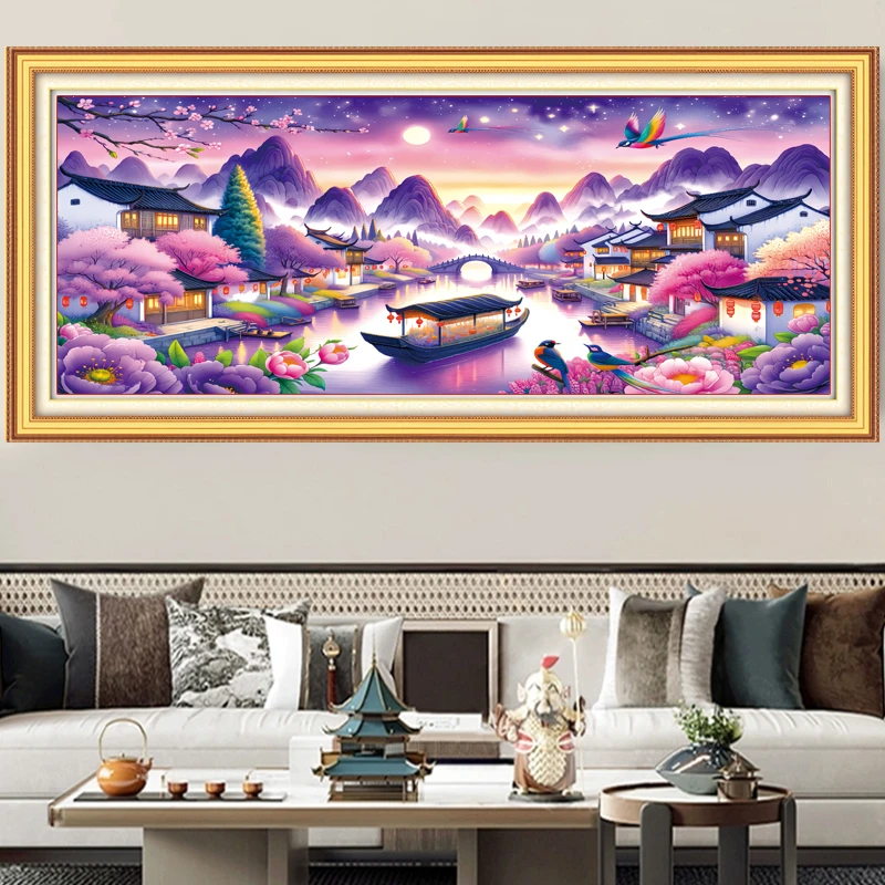 【美娜丽莎】紫色梦境十字绣客厅风景山水画45色满绣无勾边230X90cm