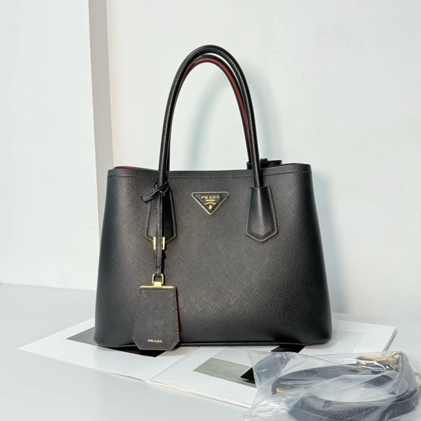 99新 Prada/普拉达 Prada普拉达黑金十字纹牛皮double中号手提包