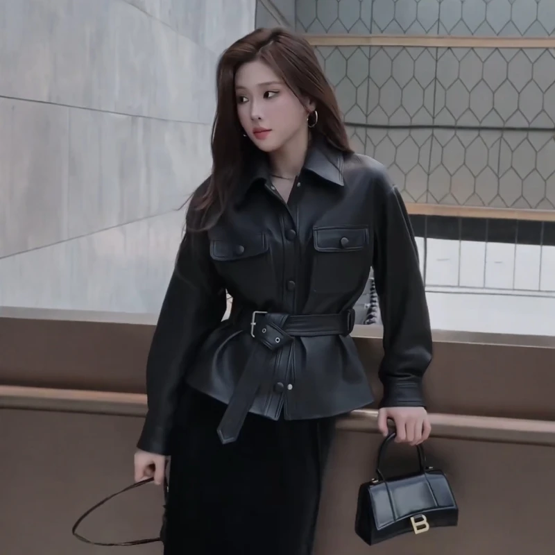 正品高端流行收腰皮衣外套女春装2025设计感洋气机车服