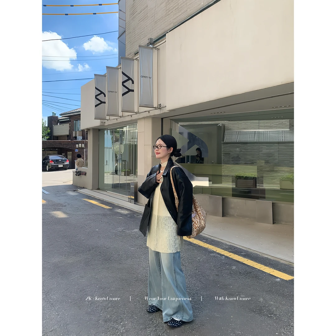 小葵微胖定制【休斯顿-现货】初秋韩版时尚百搭ins黑色皮衣PY8138