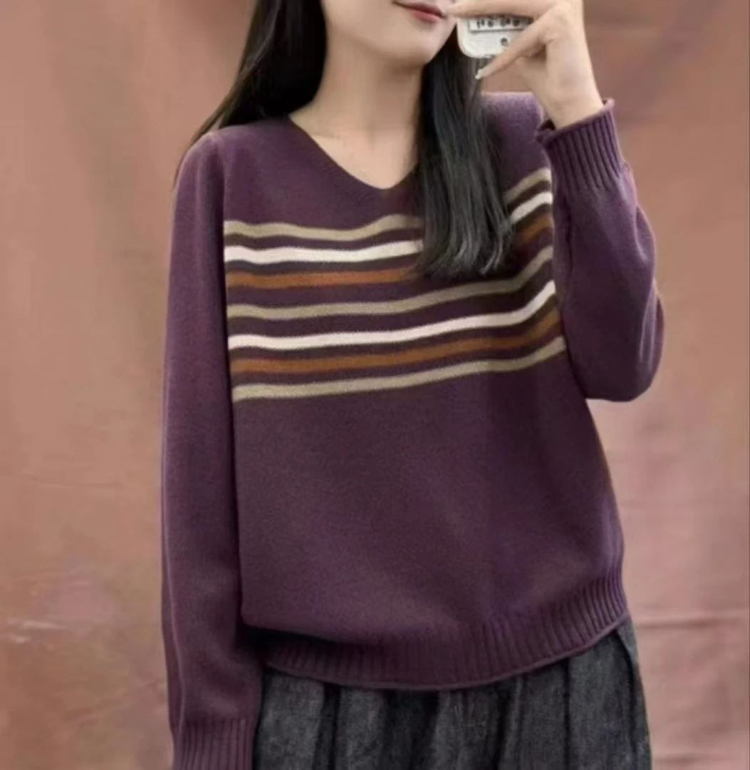 2025春秋季新款V领帽子女孩宽松显瘦针织套头衫棉线显瘦毛衣上衣