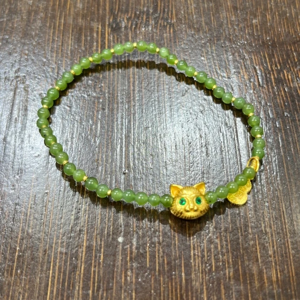 【七七严选】s925银镀24k金和田玉小猫碧玉手串SX